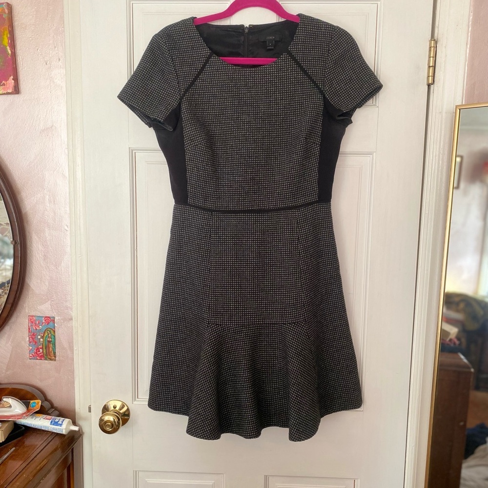 J. Crew Black and Gray Checkered Color Block Wool Dress Size 6 workwear